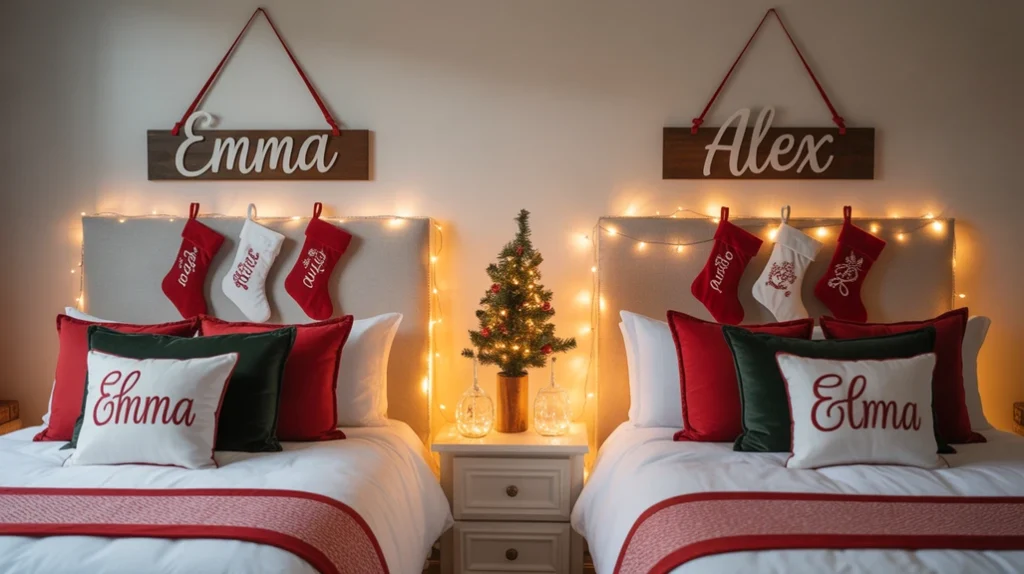 Personalized Christmas bedroom decor for teens with custom name ornaments and cozy festive accents