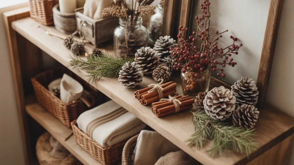 pinecones and natural winter elements arranged on festive bathroom shelf