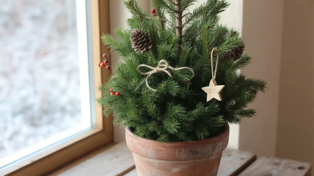 Potted Christmas tree in bedroom with natural minimalist decor