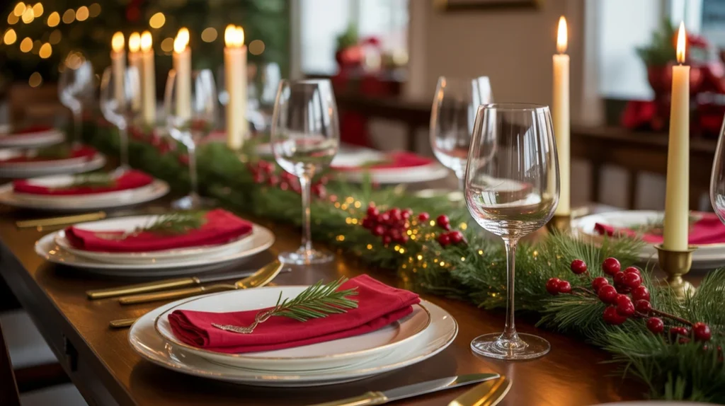 Traditional red and green Christmas dining table with berries, greenery, and candles