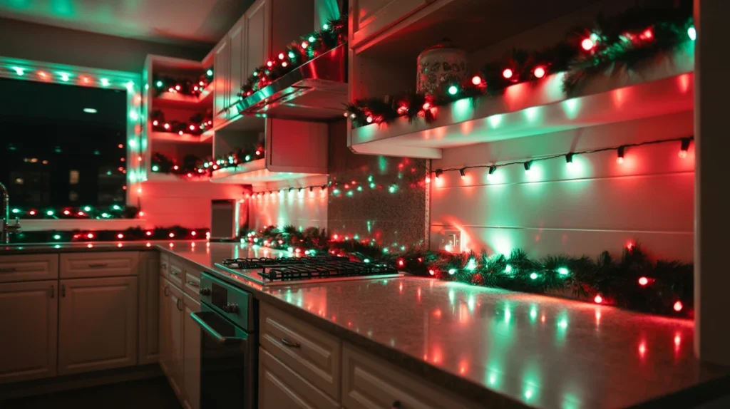 Warm red and green LED string lights wrapped around kitchen cabinets and shelves for cozy holiday glow.
