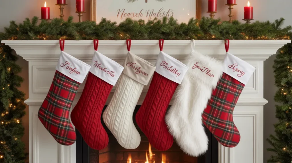 Fireplace mantel with red plaid and white faux-fur stockings personalized with name tags.