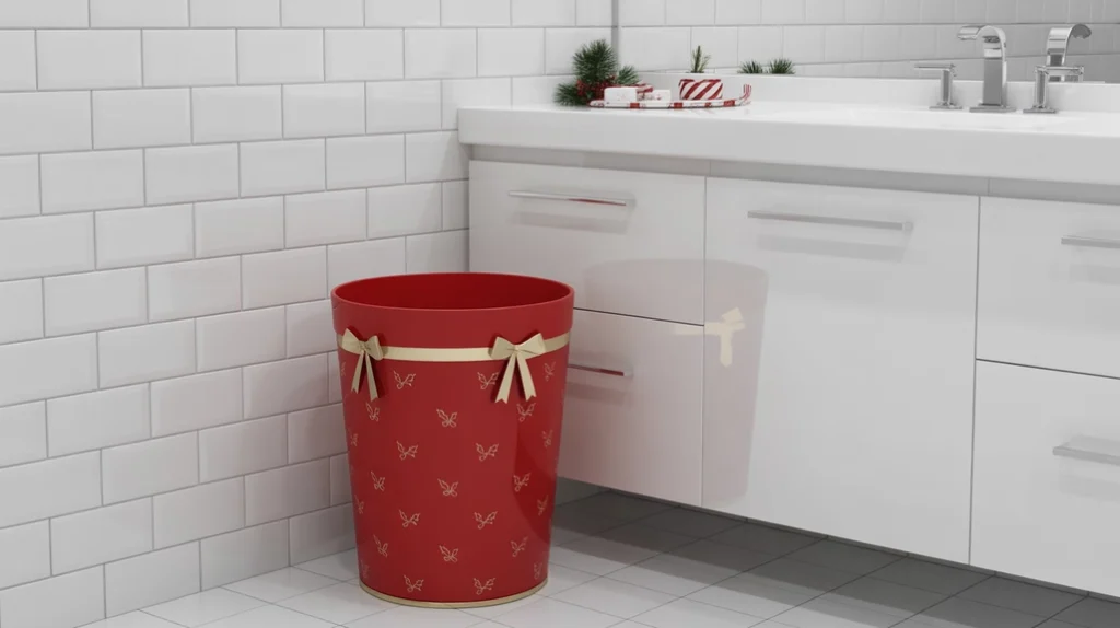 red or green waste basket adding subtle seasonal color to bathroom