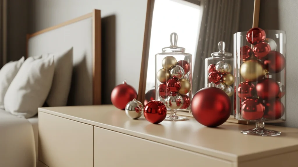 red christmas ornaments displayed in jars and trays for elegant festive bedroom decoration