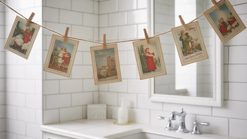 vintage christmas postcards framed or clipped on twine for nostalgic wall decor