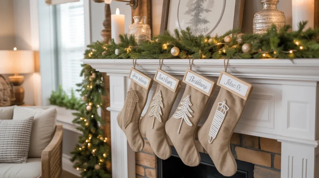 Rustic farmhouse Christmas ladder display decorated with lights, stockings, and plaid blankets.
