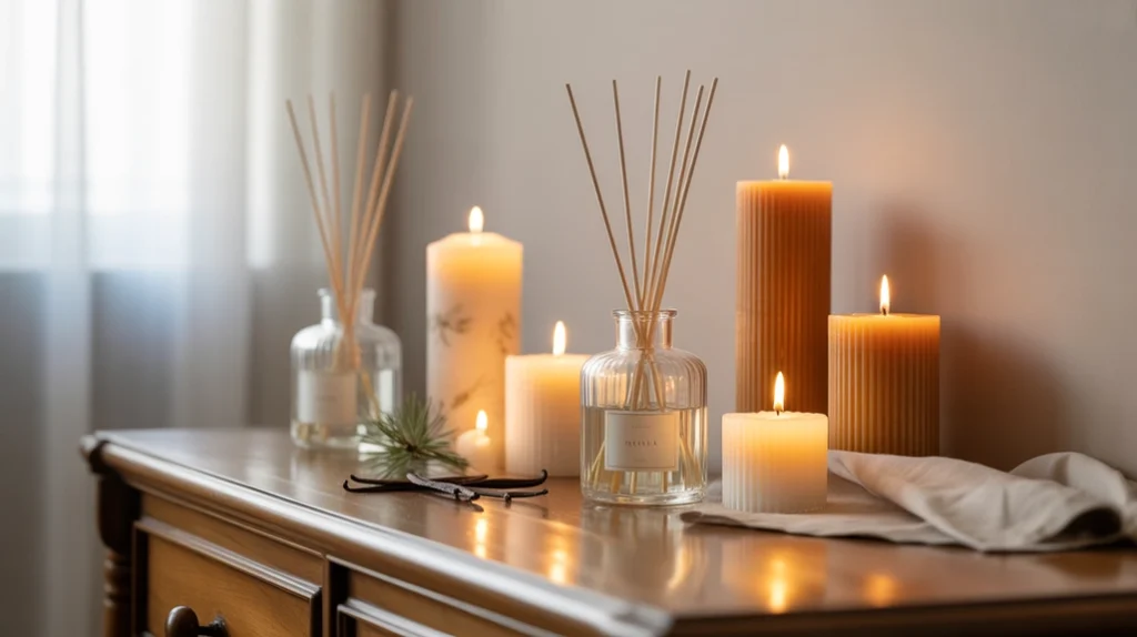 Scented candles and diffusers with pine and vanilla fragrance adding warmth to Christmas bedroom