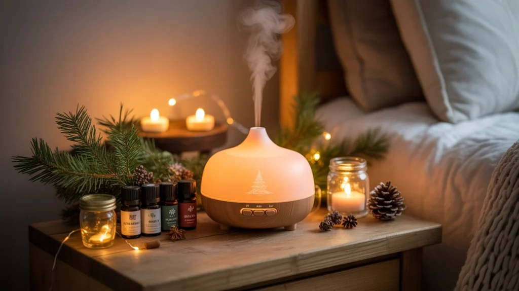 scented diffuser with pine and cinnamon essential oils in christmas themed bedroom decor