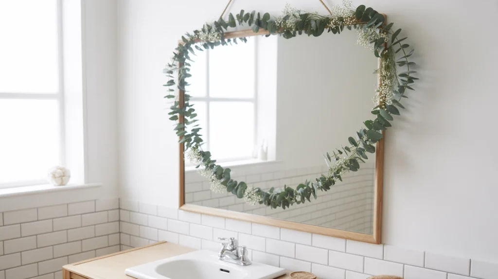 simple greenery garland adding subtle nordic christmas charm to bathroom decor