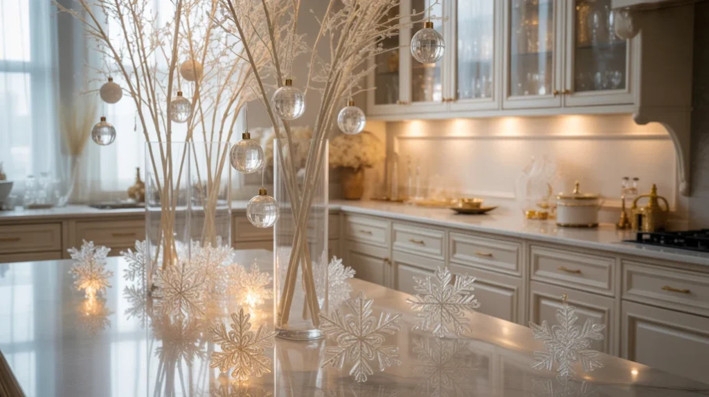 crystal ornaments and glass snowflakes adding sparkle to an elegant and classy christmas kitchen