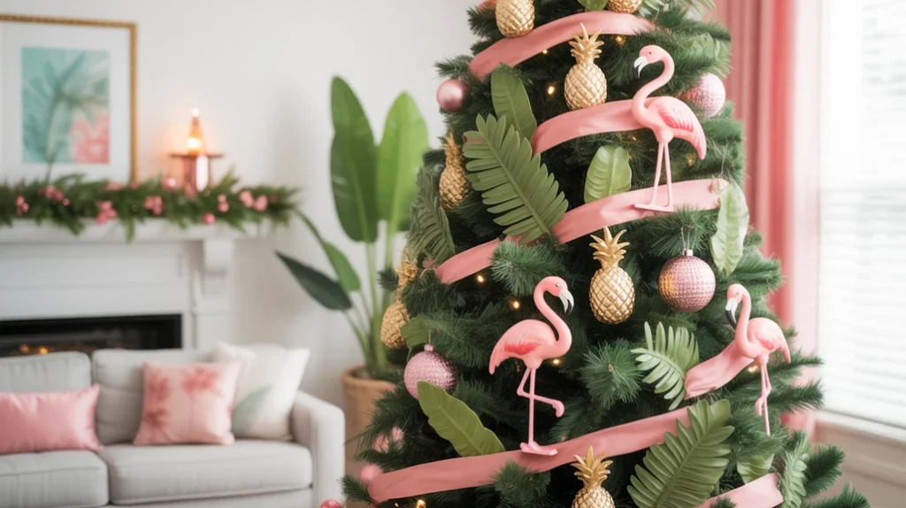 Tropical Christmas tree with flamingo and pineapple ornaments and coral ribbons