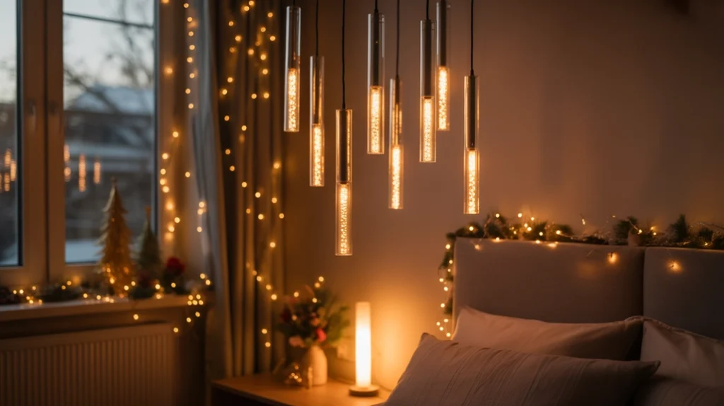 Vertical lighting and fairy lights adding glow to Christmas bedroom ideas for small spaces
