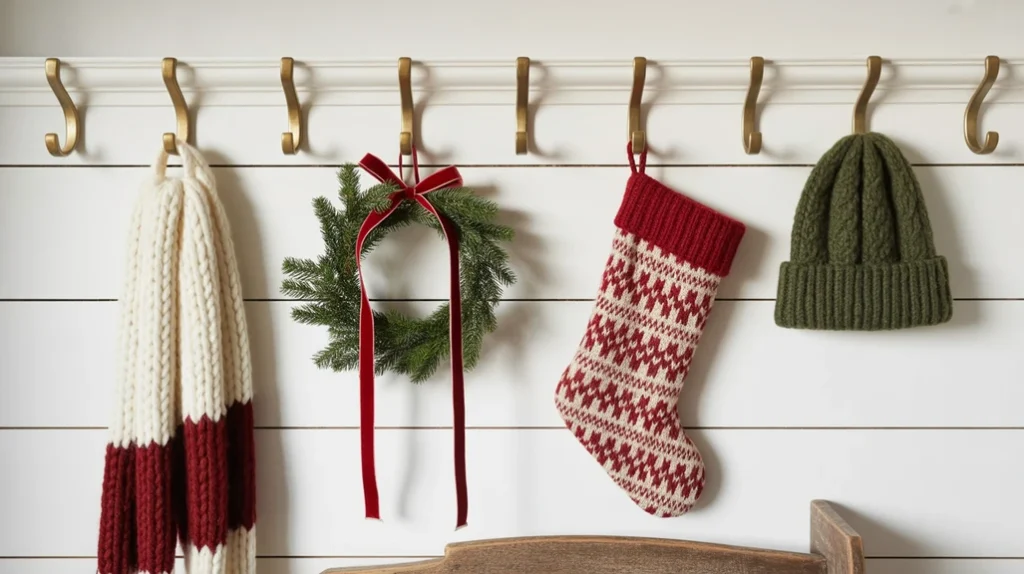 “Entryway wall hooks decorated with scarves, wreaths, and holiday accessories”
