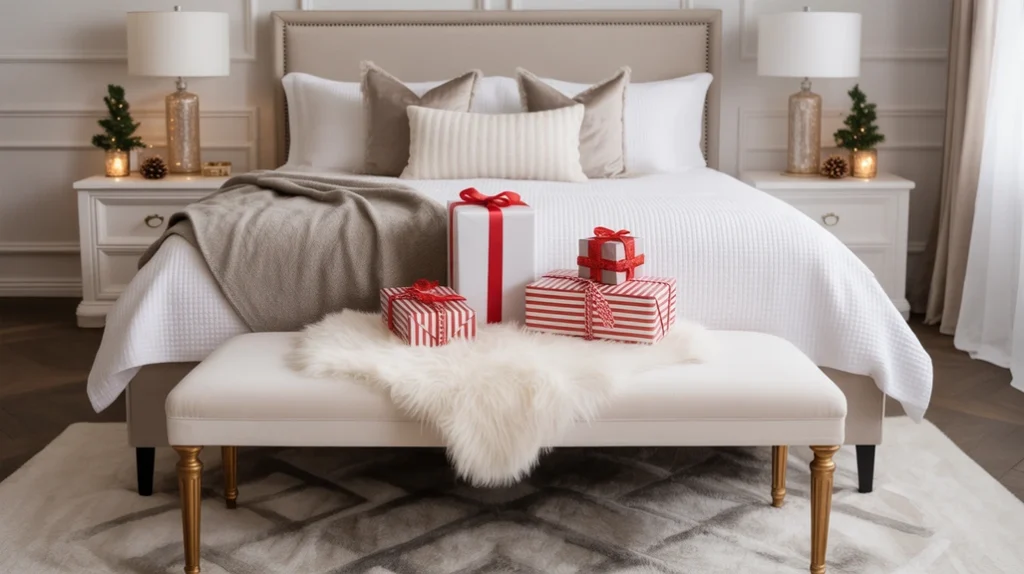White upholstered bench with gold legs and Christmas gifts completing elegant holiday bedroom decor.