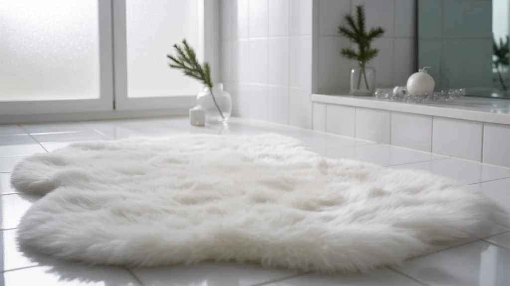 white plush bathroom rug adding warm winter texture to the floor