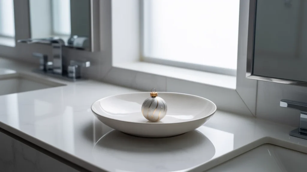 white ceramic dish holding holiday soap or ornament in clean modern bathroom