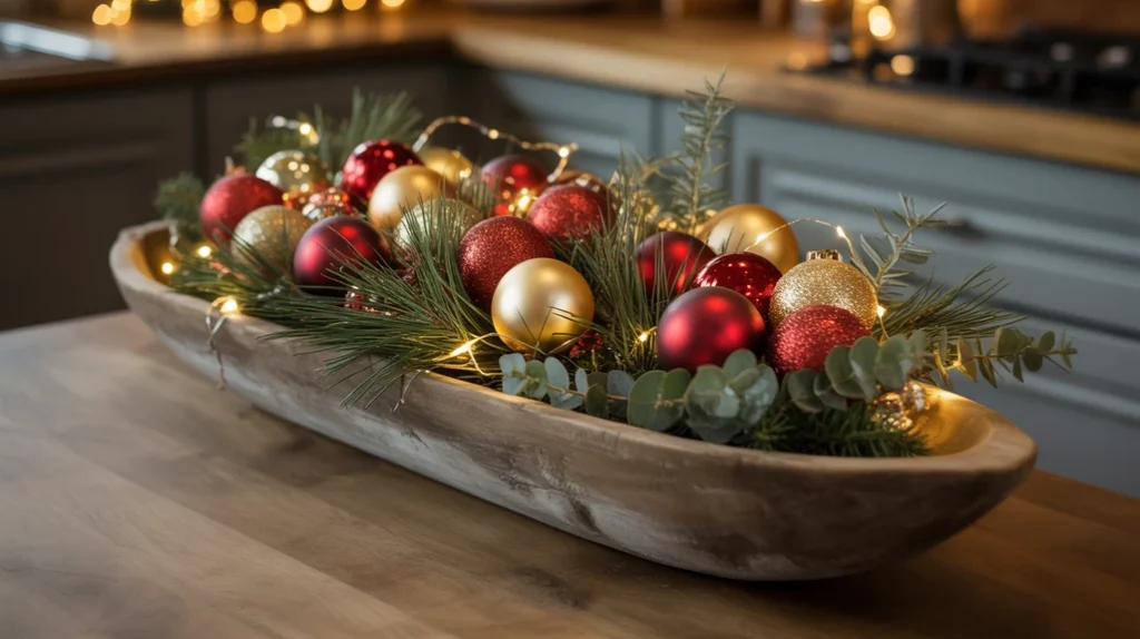 long wooden dough bowl filled with ornaments, pine branches, and string lights for rustic holiday decor