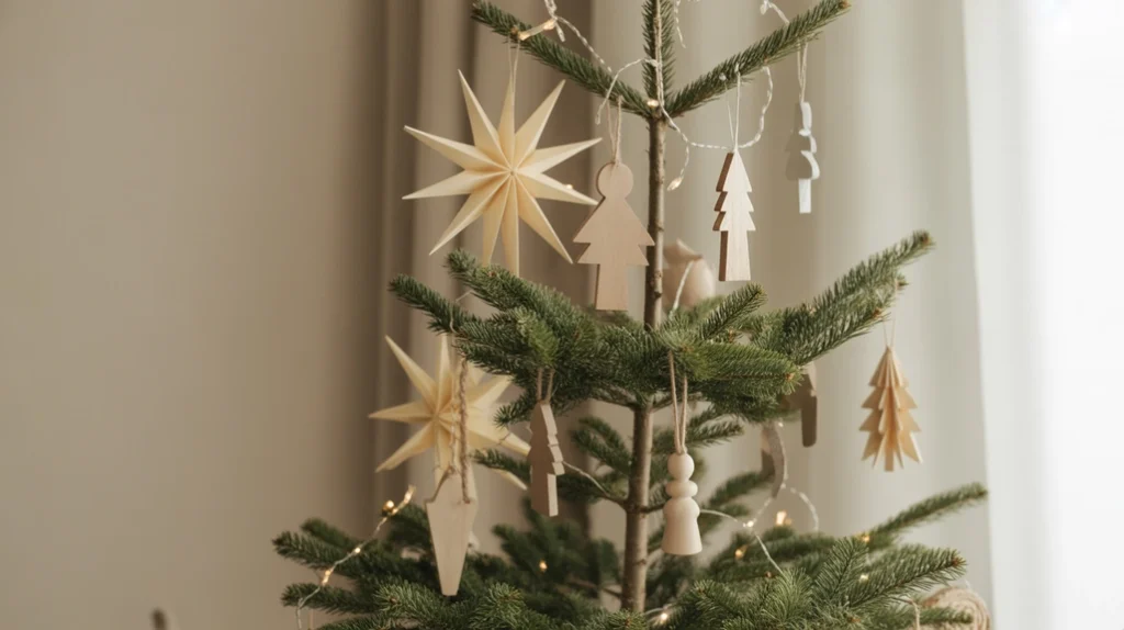 festive neutral holiday space with natural fiber baskets and candle holders