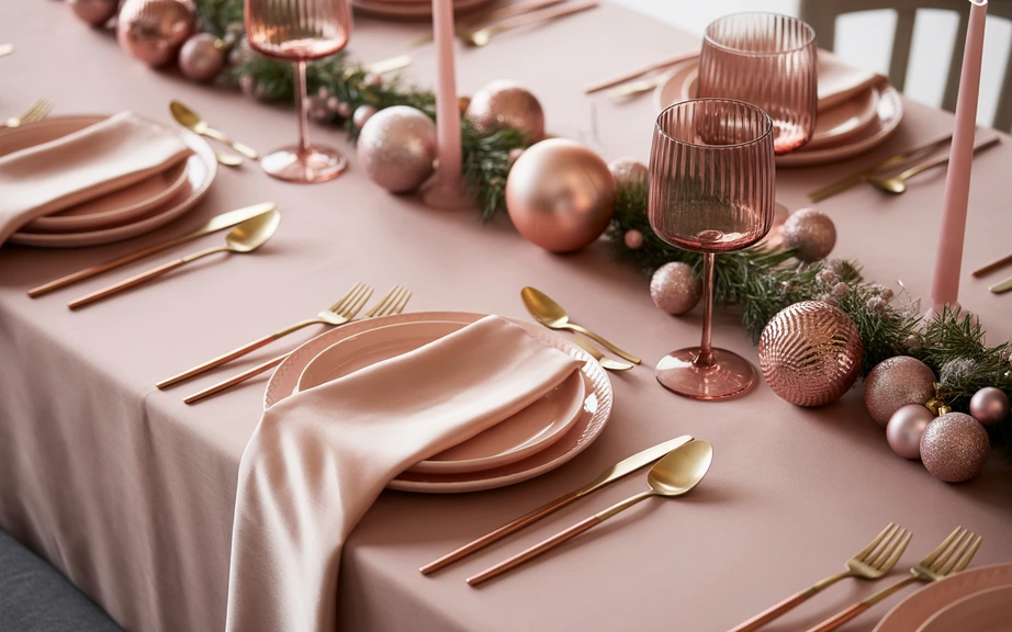 Rose Gold and Soft Pink Christmas Table Setting