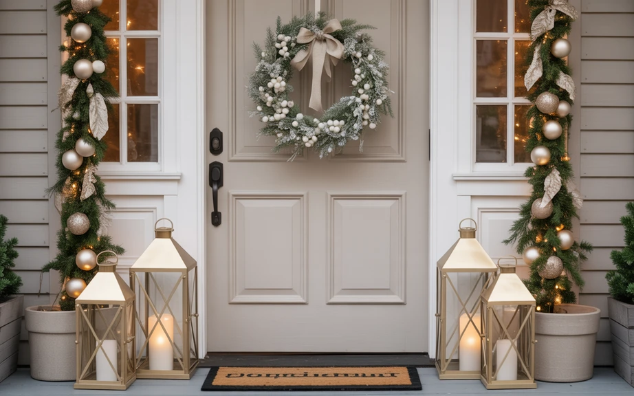 White Berry Wreath with Champagne Lanterns