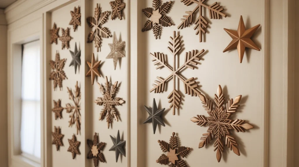 Snowflake and star wall decor adding a soft winter theme to a hallway