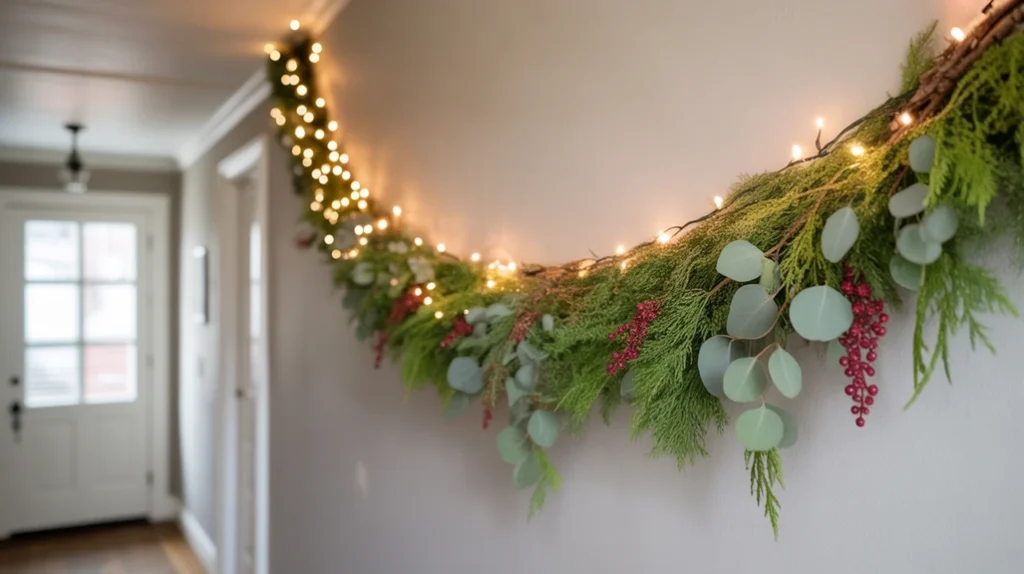 Greenery garland decorating a holiday hallway with pine, cedar, and warm Christmas lights
