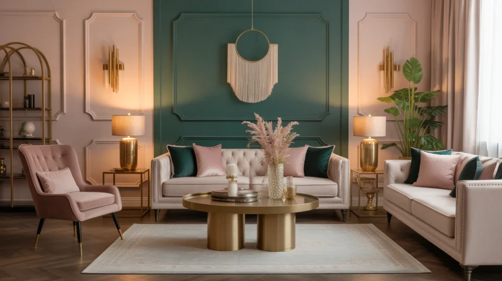 Glamorous living room color palette featuring rich, luxurious hues.”