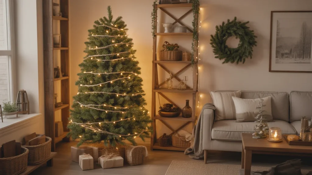 Rustic farmhouse Christmas tree decorated with warm white fairy lights