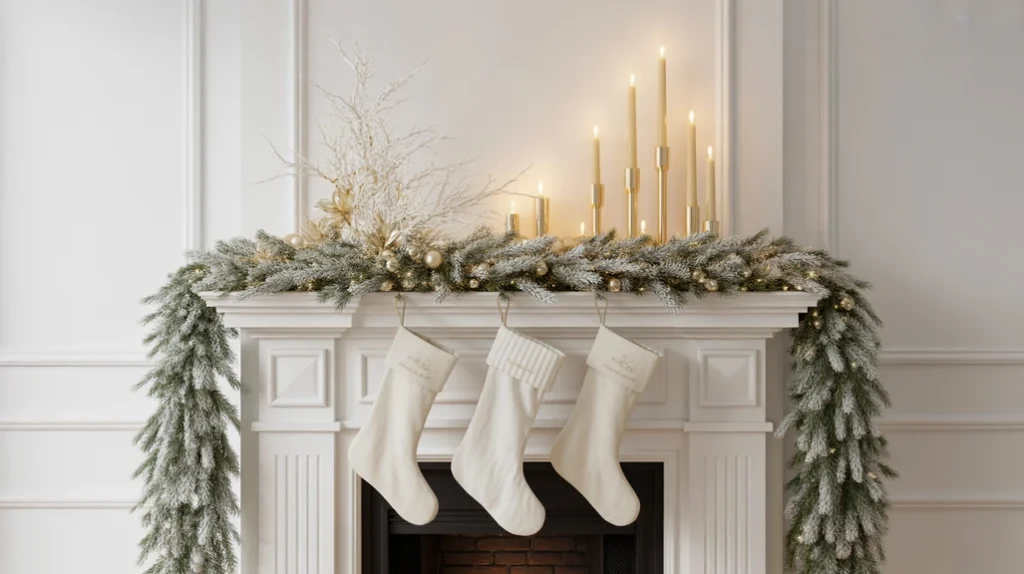Elegant white and gold Christmas fireplace mantel styling with frosted garland and ivory stockings