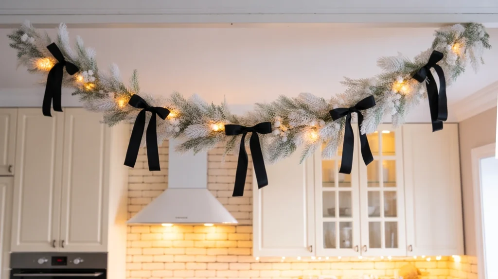 Black and white Christmas garland hanging over kitchen cabinets with fairy lights and Scandinavian inspiration