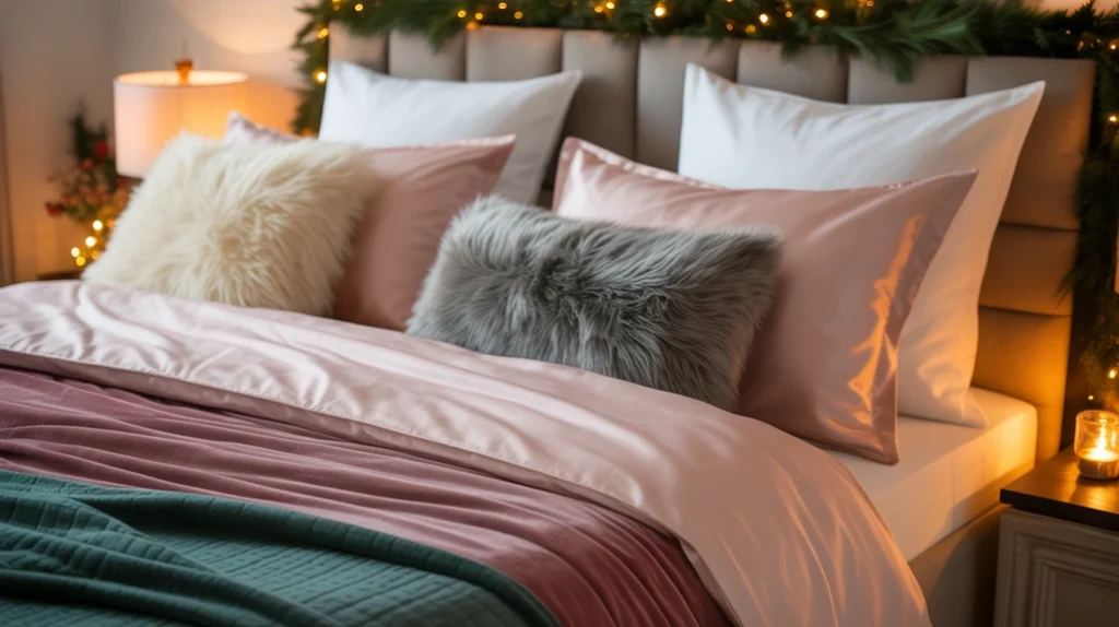 Blush and white bedding layered with velvet comforter and cozy holiday textures