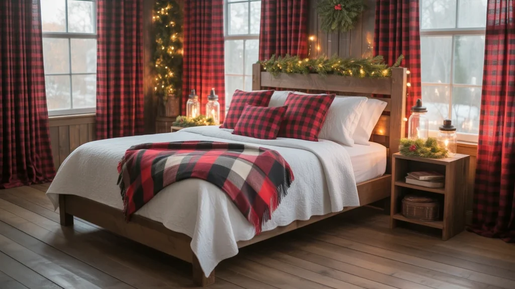Farmhouse Christmas bedroom decorated with red and black buffalo check pillows and plaid accents
