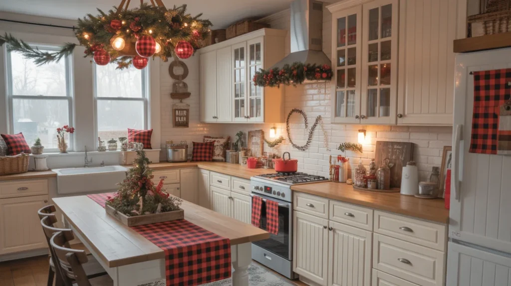 Rustic kitchen counter styled with a buffalo plaid tray and festive holiday decor accents3