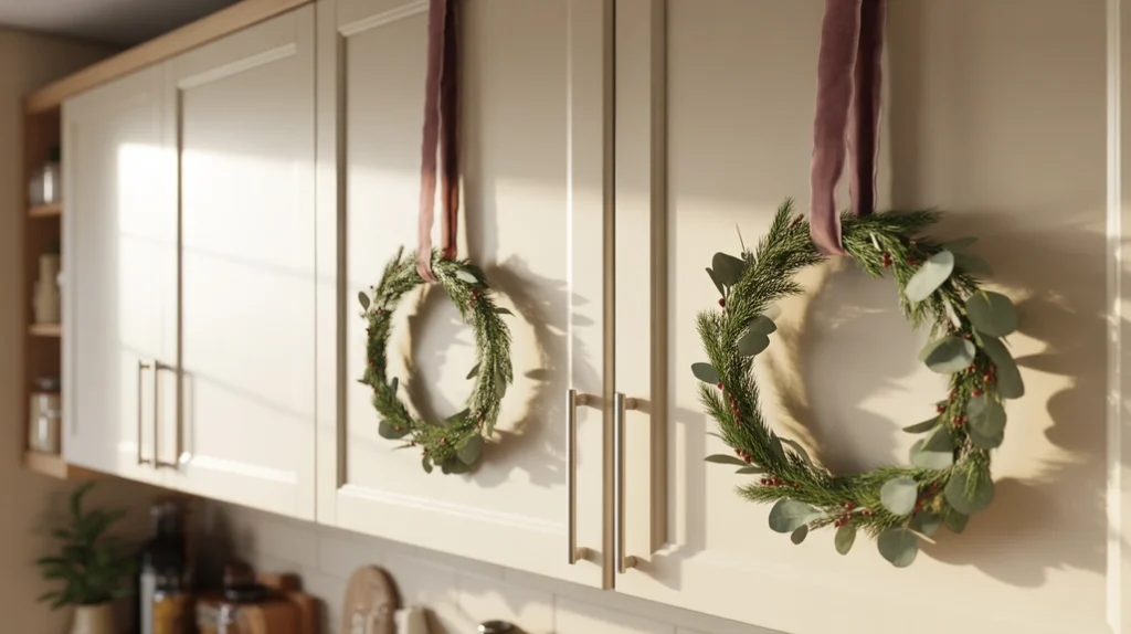 Small Christmas wreaths hung on apartment kitchen cabinet doors using ribbon and greenery