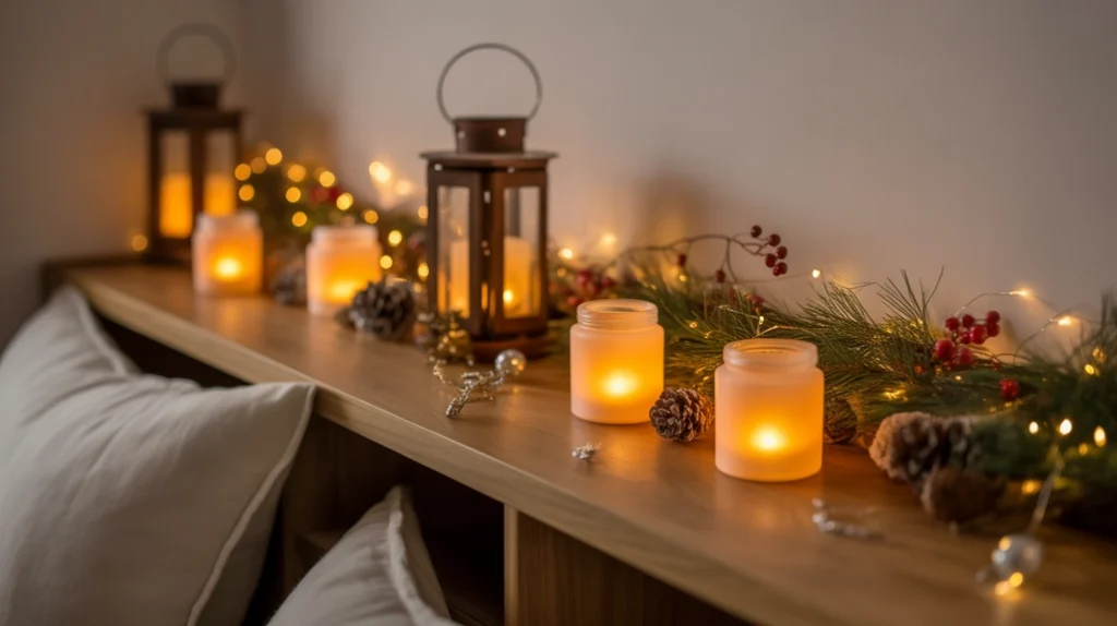 Candle lanterns and holders adding cozy Christmas glow to bedroom shelves and tabletops