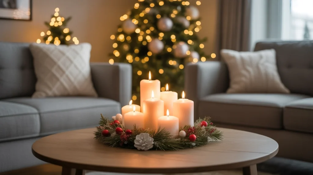 “Christmas coffee table decor with candles creating warm cozy glow in holiday living room”