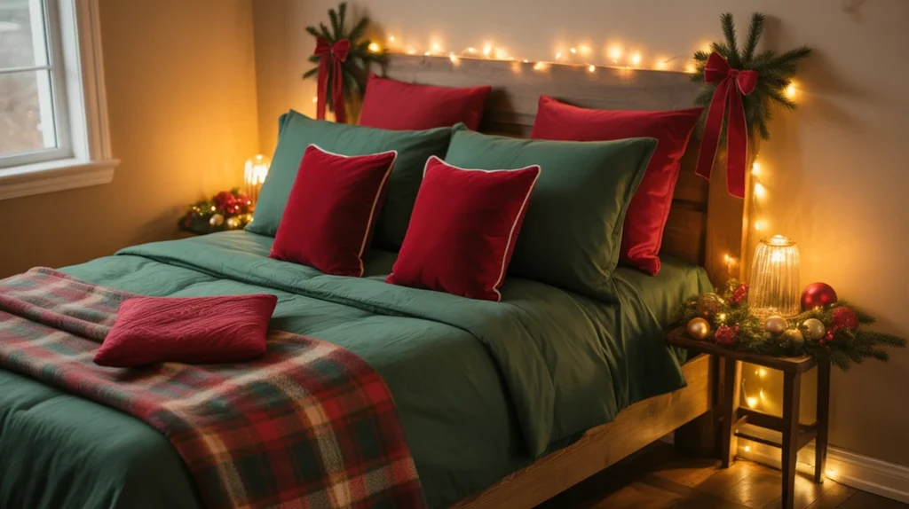 Christmas bedroom color schemes featuring red, green, gold, and winter neutrals