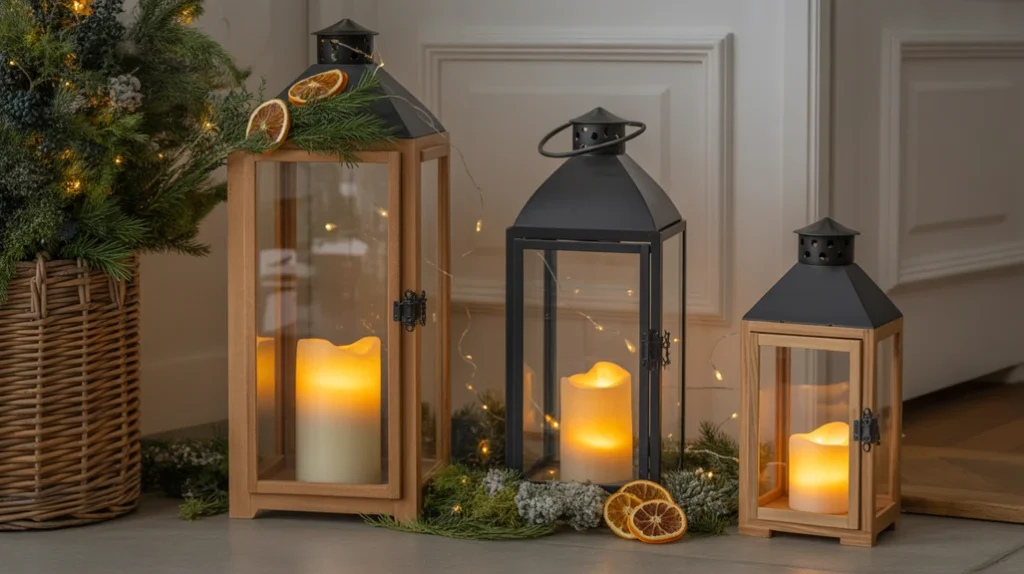 “Christmas entryway decorated with lantern lighting and cozy seasonal accents”