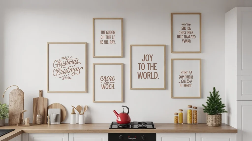 Christmas wall art and framed holiday prints adding cheerful style to a modern kitchen wall decor setup.