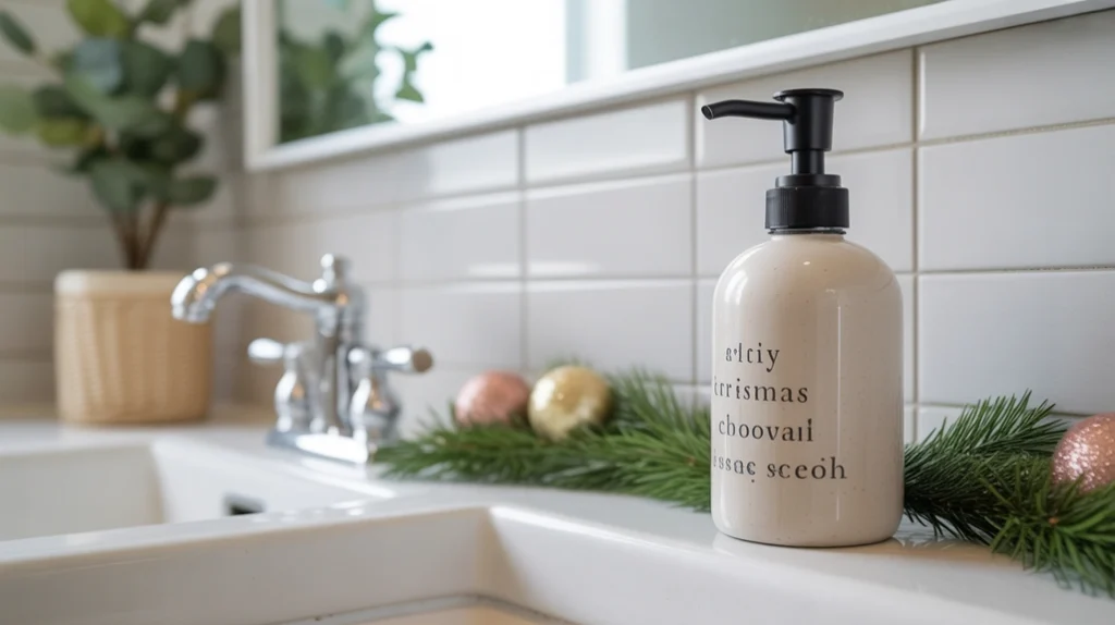 christmas-themed soap dispenser on a clean bathroom sink with winter greenery