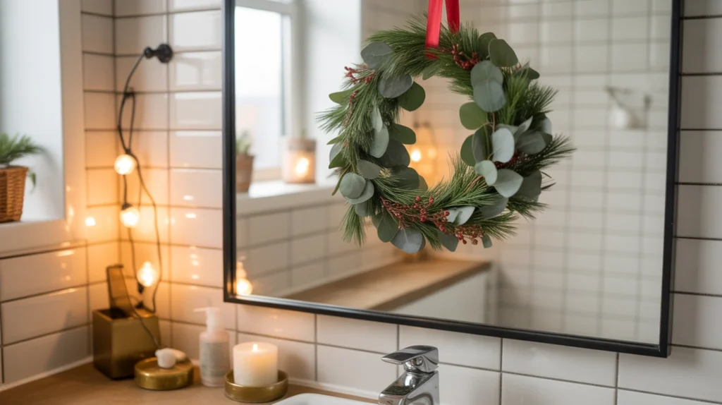 folded christmas towels adding festive color to a small apartment bathroom