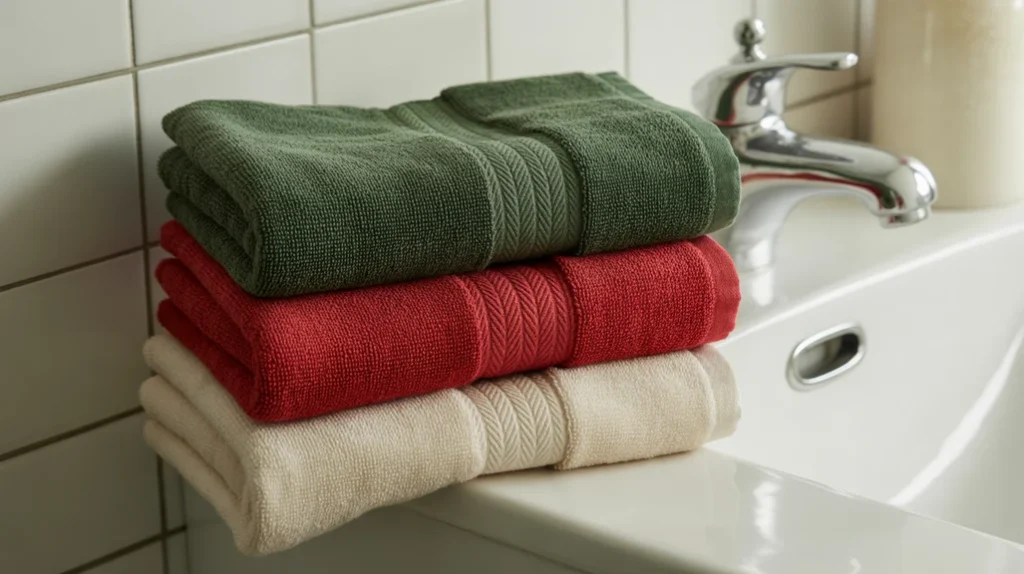 folded christmas towels adding cozy texture and seasonal color to a small bathroom