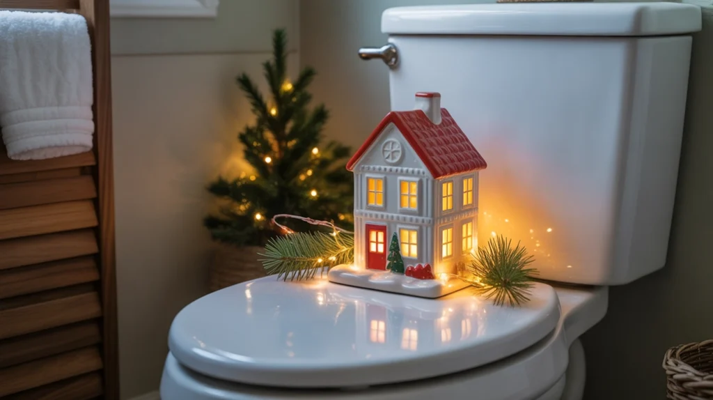 ceramic christmas village house styled on toilet tank for cozy winter decor