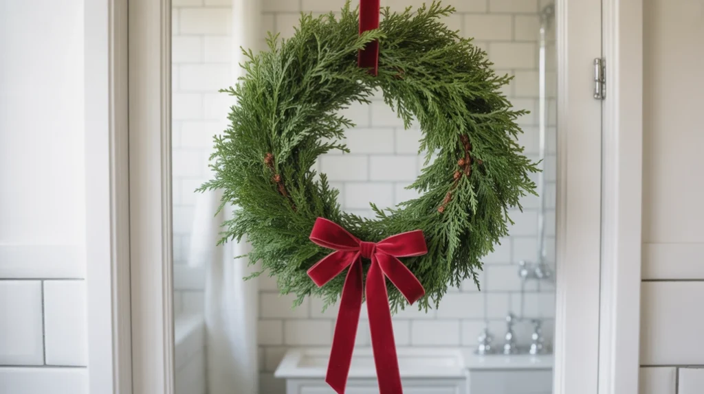 small pine wreath with red ribbon used as classic christmas bathroom decor