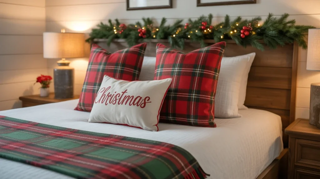Plaid throw pillows and tartan blankets adding traditional Christmas charm to cozy bedroom decor.