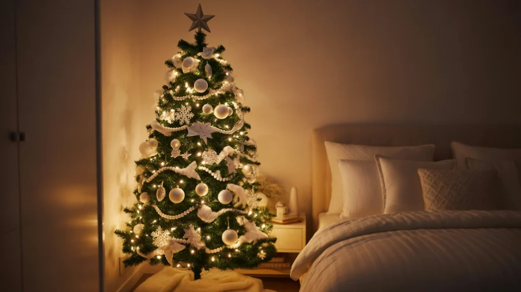 Corner Christmas tree setup for small bedroom spaces
