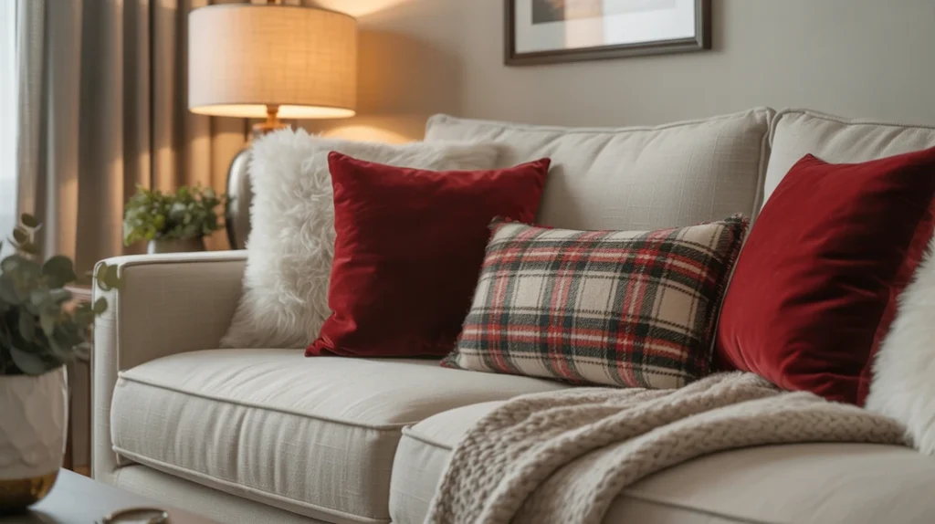 Living room sofa styled with red velvet pillows, plaid cushions, and soft white throws for a festive winter feel.