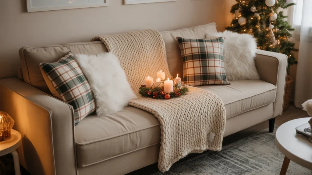 Cozy apartment Christmas decor with soft throws, plaid pillows, and chunky knit blankets for winter warmth.