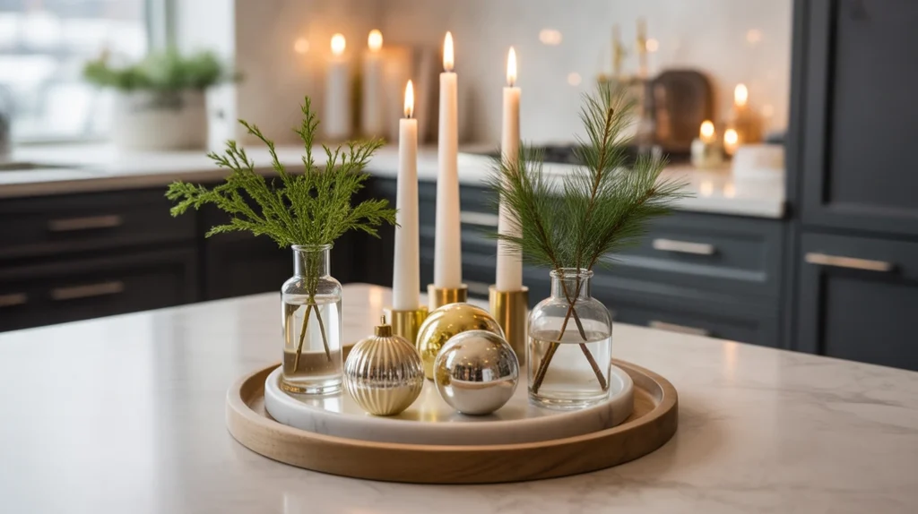 Wooden tray with candles, ornaments, and greenery arranged neatly as festive kitchen island Christmas centerpiece