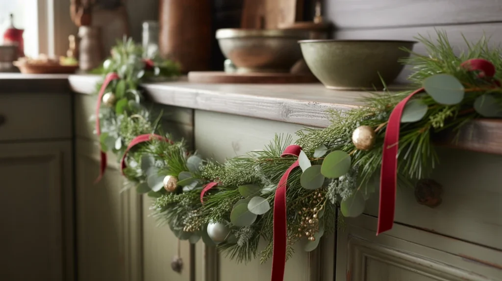 Homemade Christmas greenery garland with pine branches and ribbon for affordable festive kitchen styling